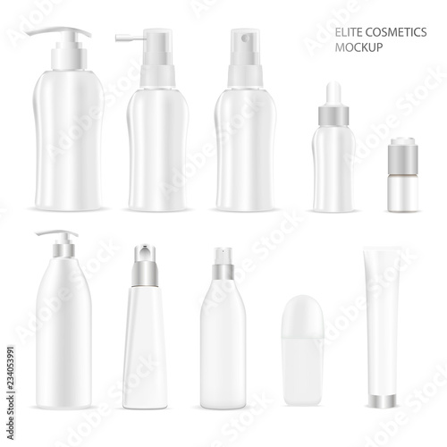 White cosmetic bottles packaging mockup set. Vector illustration of elite cosmetics: bottles with spray, dispenser and dropper, cream tube, deodorant roll. High quality template ready for your design.
