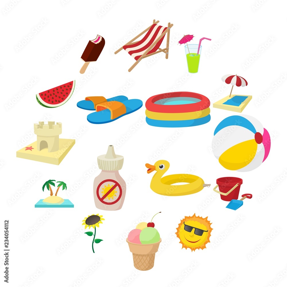 Summer icons set in cartoon style on a white background