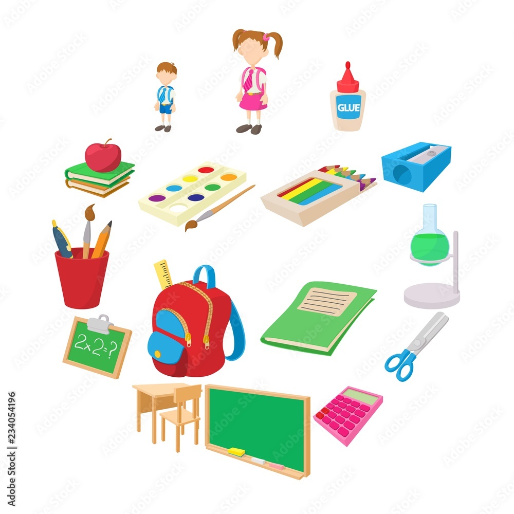 Back to school icons set in cartoon style isolated on white