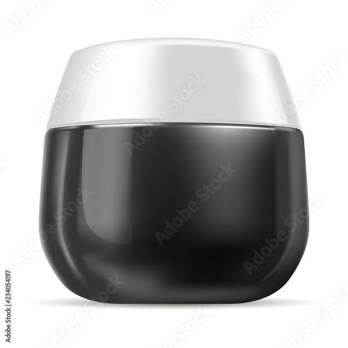 Black and white glossy plastic cream jar isolated on white background. Skin care product realistic cosmetic package. Vector mockup bottle illustration.