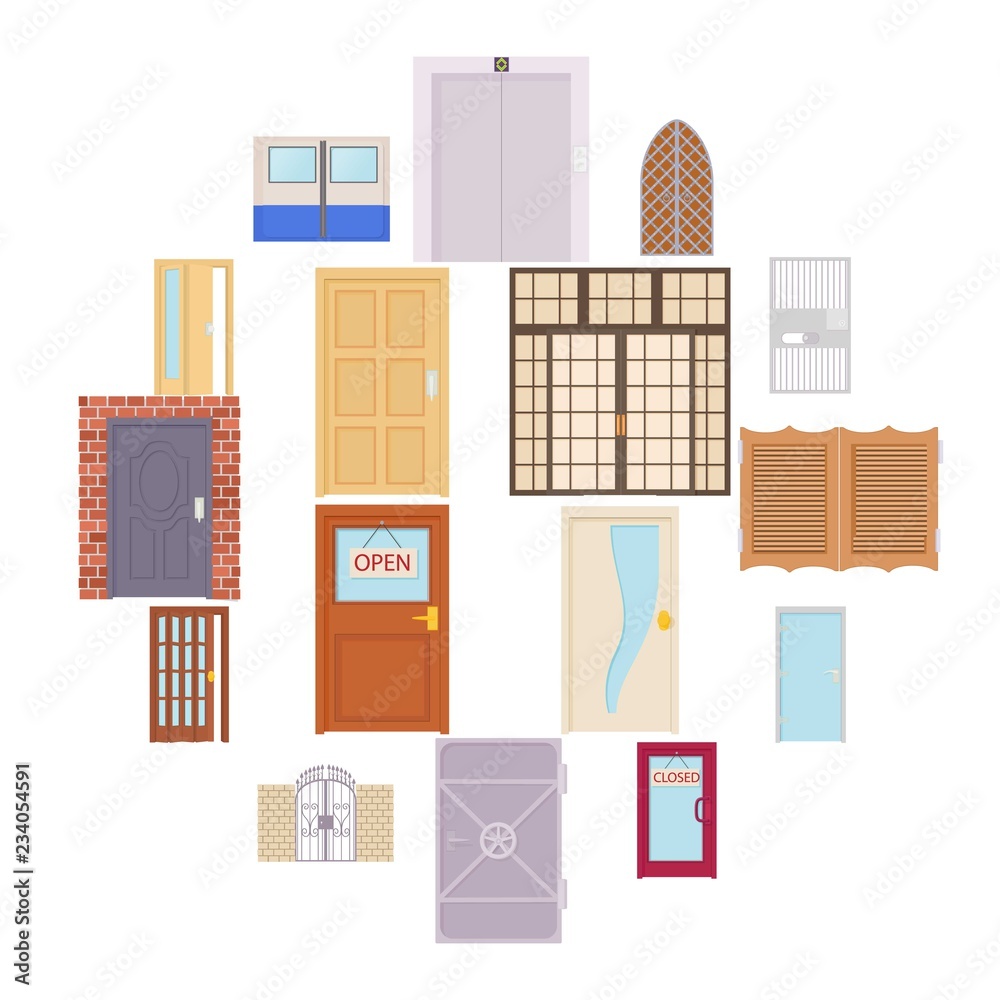 Door icons set in cartoon style on a white background Door icons set in cartoon style on a white background