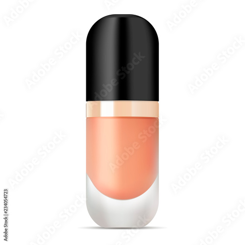 Cosmetic base matt glass bottle with black lid. Advertising of tonal cream, concealer, base. Vector design of cosmetic package. Nutritious cream, gel, body lotion with protein of silk.