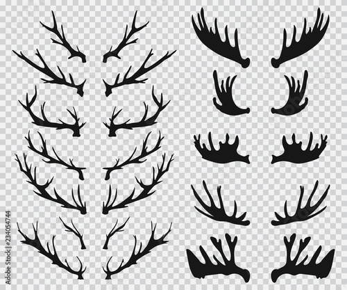 Elk and deer antlers black silhouette. Vector icons set isolated on a transparent background.