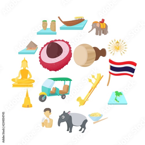 Thailand icons set in cartoon style on a white background