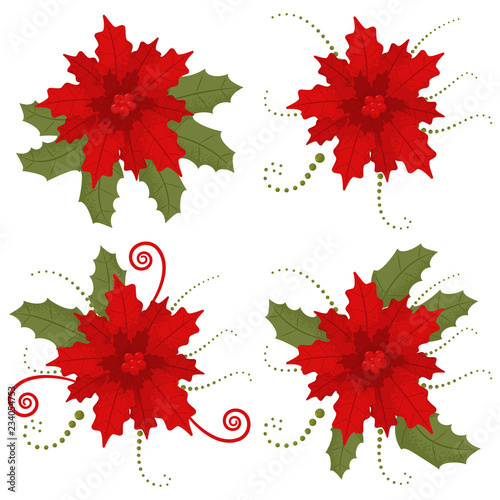 Poinsettia Christmas flower. Vector cartoon set of holiday decorative elements isolated on a white background.