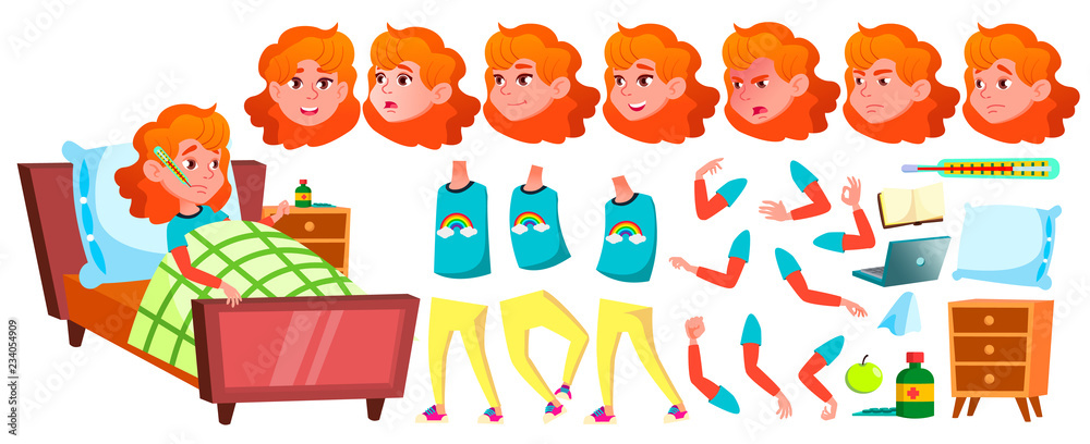 Fototapeta premium Sick Girl Schoolgirl Vector. School Child. Animation Creation Set. Face Emotions, Gestures. Schoolchild. September, Schoolchildren, Ill Teen. For Banner, Flyer, Brochure Design. Animated. Isolated