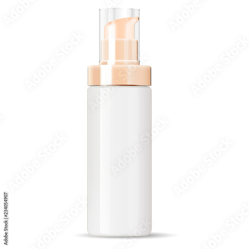 White cosmetics cream dispenser pump bottle container in realistic glossy glass or plastic material. Mockup template for cream, emulsion, and other cosmetics or medical products. Vector illustration.