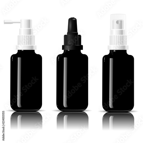 Realistic black glossy glass or plastic medical bottles set dropper dispenser spray. Mockup template for serum and other cosmetics or medical products. Vector illustration.