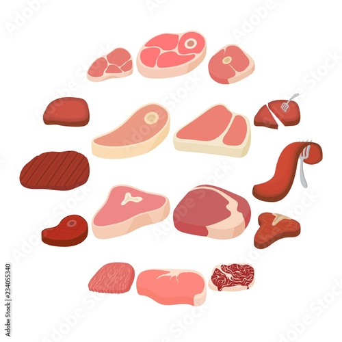 Steak icons set in cartoon style on a white background