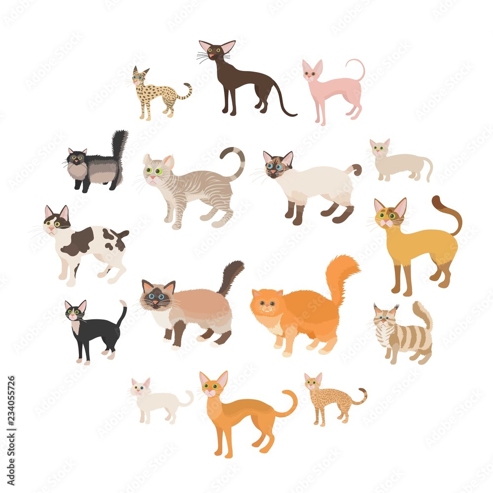 Cat icons set in cartoon style on a white background