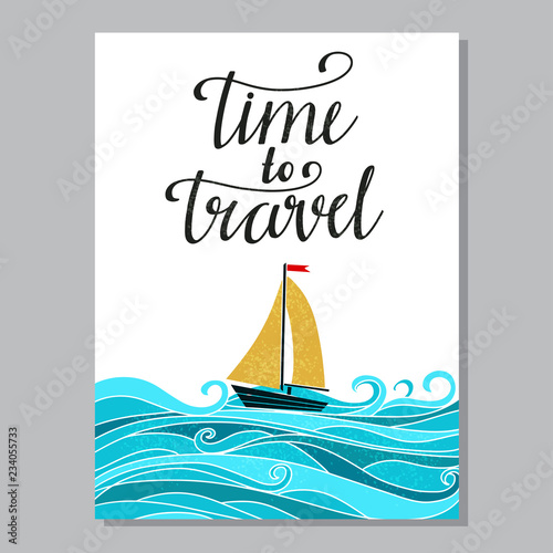 Travel card design with sailboat, ship, sea
