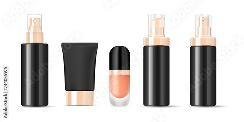 Black Glossy glass bottles with gold lids mockup set. Vector illustration blank templates of empty clean glass jars: bottles with spray, base jar, lotion, cream tube.