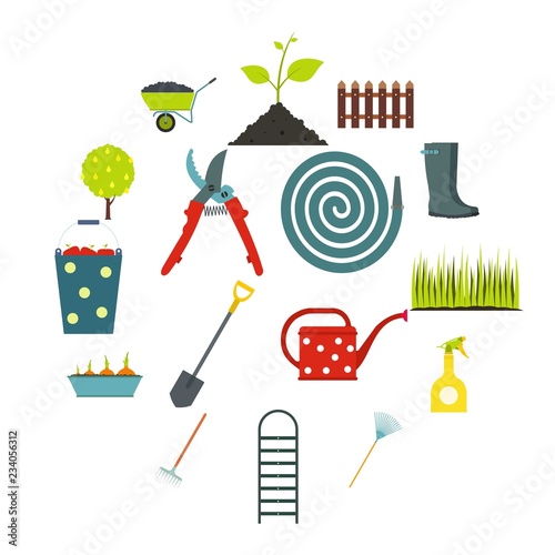 16 garden flat icons set. Color symbols with grass, watertights, watering can