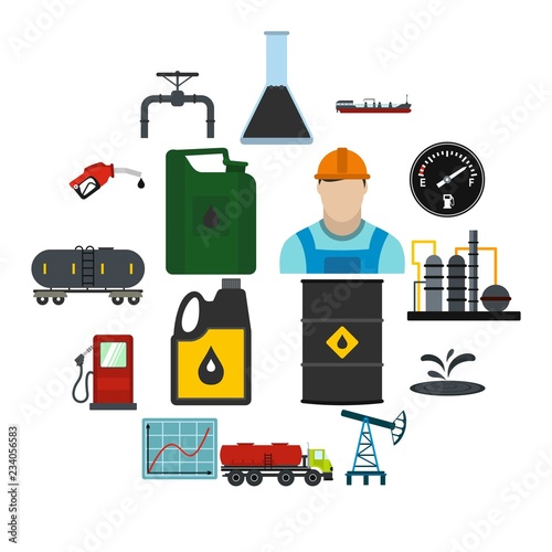 Oil industry flat icons set. Fuel colored symbols with long shadows