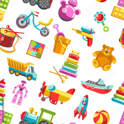 Kid toys vector icons seamless pattern. Children playthings set