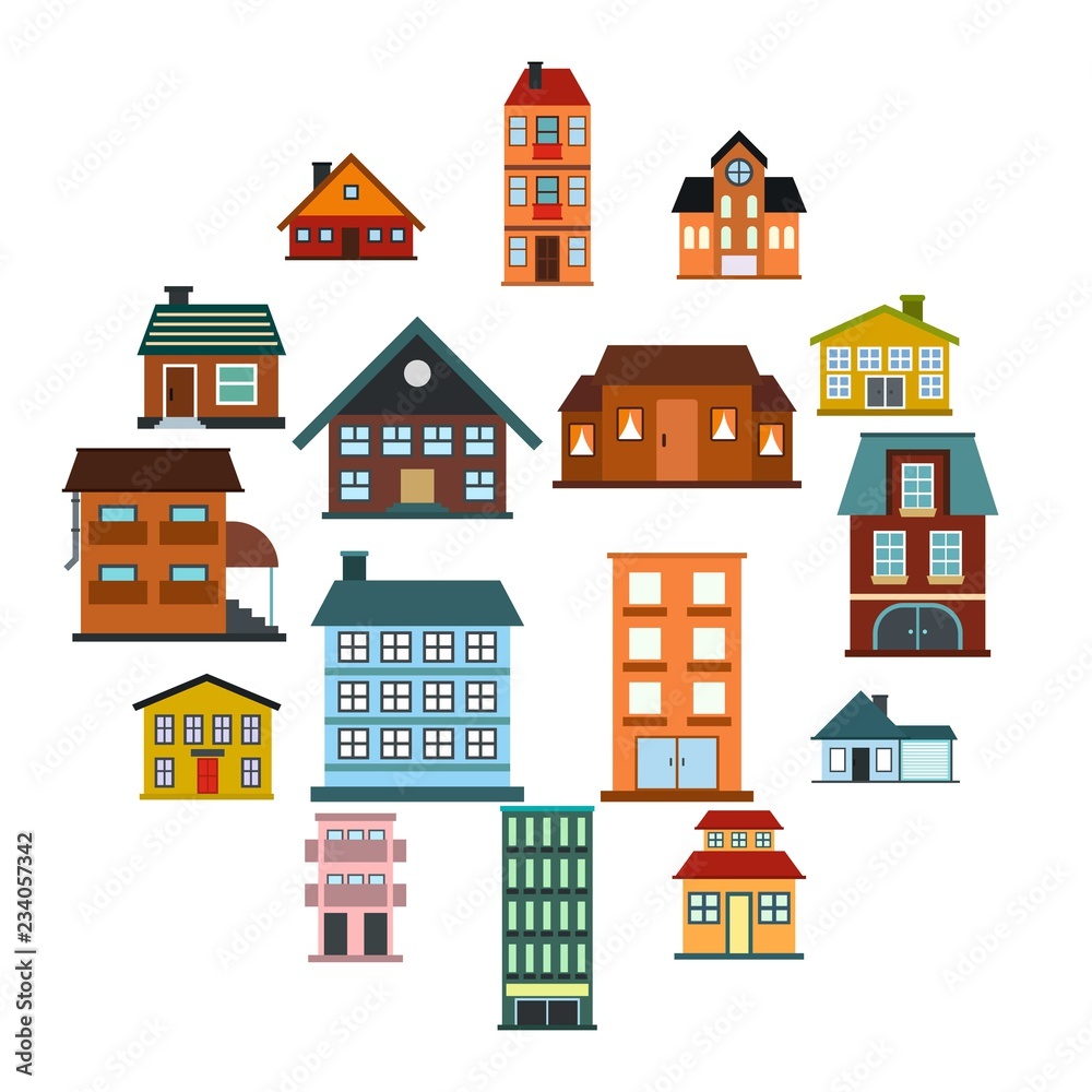 Houses flat icons set isolated on white background