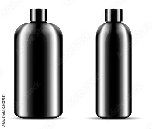 Two glossy black glass or plastic bottles set for shampoo, shower gel, soap bubble bath. Black cosmetic products packaging mockup illustration. 3d design template.