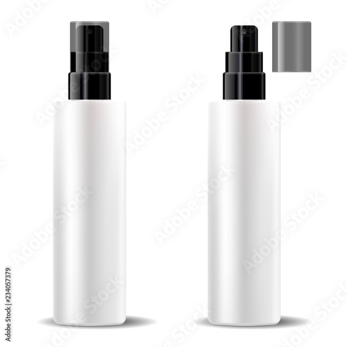 White plastic bottles set with glossy black dispenser spray pump lid. Sprayer Liquid container for gel, lotion, cream, serum, base. Beauty cosmetics product package. Vector illustration.