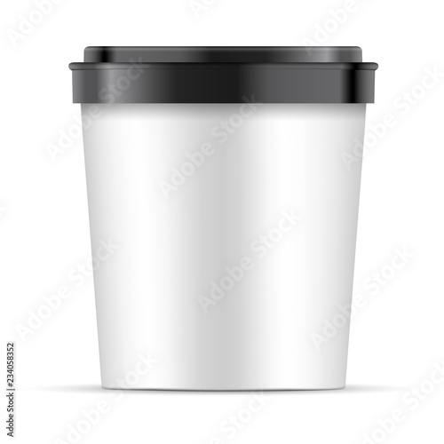 White Paper or Plastic Cup with black lid For Dessert, Yogurt, Ice Cream, Sour cream Or Snack. Tub Food Container Illustration Isolated On White Background. Mock Up Template Ready For Your Design. 