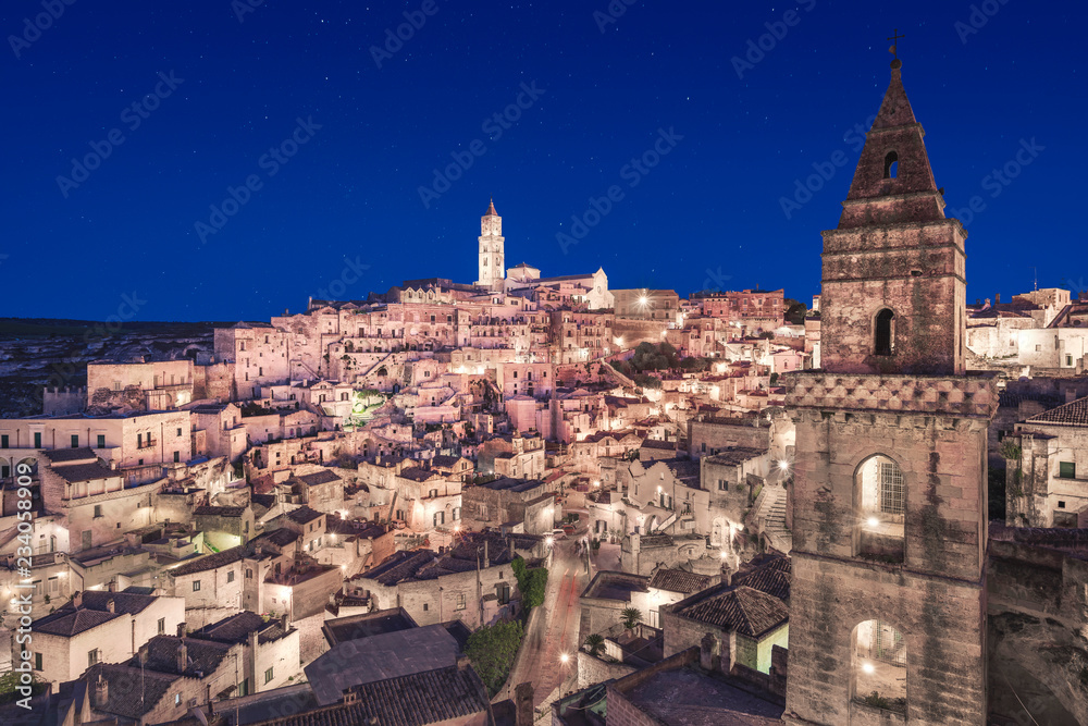 Matera ancient town i Sass night view, Unesco site landmark. Basilicata, Italy.