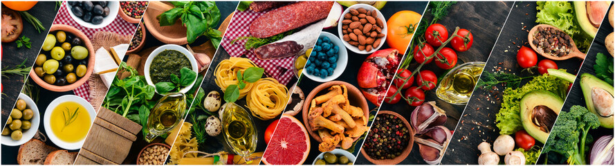 Collage. Background of vegetables, fruits and spices. Top view. On a wooden background.