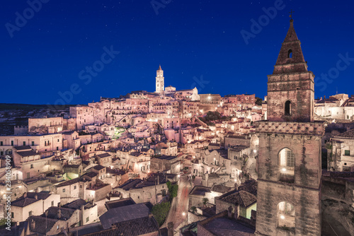 Matera ancient town i Sass night view, Unesco site landmark. Basilicata, Italy.