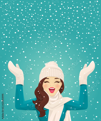 Happy woman having fun in snowfall on blue background vector illustration