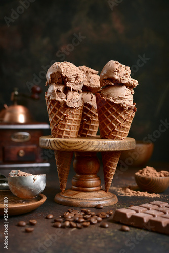 Vászonkép Chocolate coffee ice cream in a waffle cone.