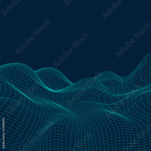 3D Abstract Virtual Landscape, Cyberspace Grid, Network - Technology Background, Vector Illustration