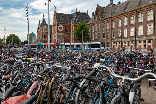 Bicycles parked and lined up in Ansterdam, Holland, The Netherlands