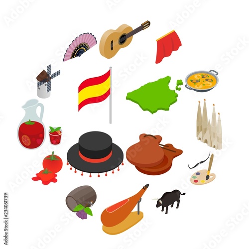 Spain isometric 3d icons isolated on white background