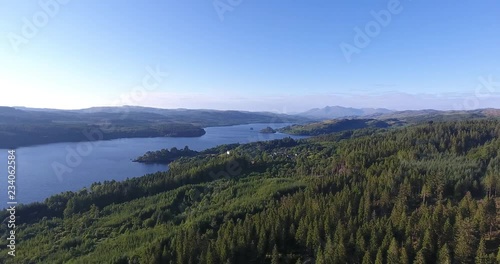 Inspiring Distant Green Landscape Drone Shot in Scotland with a Loch