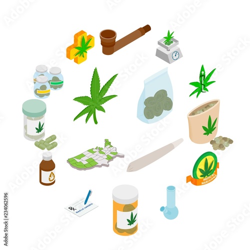 Medical marijuana icons in isometric 3d style on white