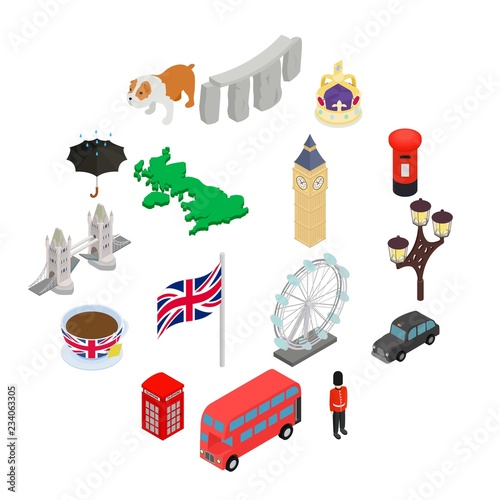 England icons set in isometric 3d style isolated on white
