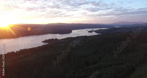 Inspiring Distant Green Landscape Drone Shot in Scotland with a Loch