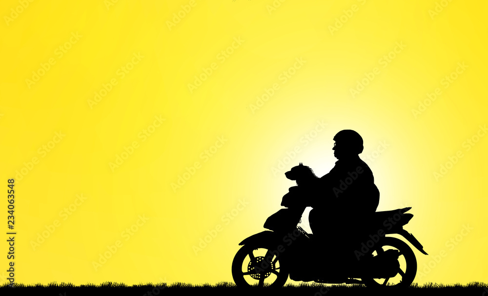 silhouette Man motorbike and dog on blurry sunrise background. Stock  Illustration | Adobe Stock