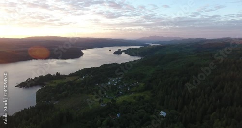 Inspiring Distant Green Landscape Drone Shot in Scotland with a Loch