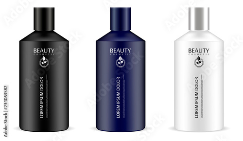 Cylindrical cosmetic bottles in one set. Cosmetics jar packaging mockup for shampoo,shower gel, lotion, hair mask, liquid soap. Black, white and dark blue containers illustration.