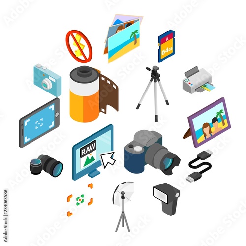 Photography icons set in isometric 3d style isolated on white
