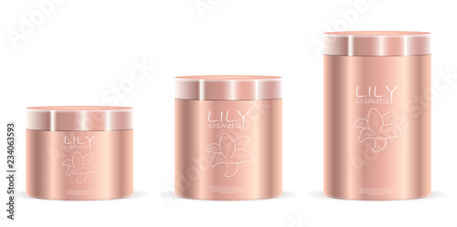 Cream jars pack in rose gold color with label and logo design. Different height cosmetic cans with lids metallic or plastic. Cosmetics Packaging for cream, salt, powder, ointment. EPS10 vector.