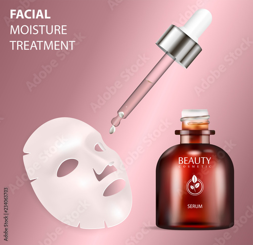 Facial mask sheet with moisture treatment serum cosmetic bottle with dropper. Packaging design ads with drop for face care product. Vector illustration.