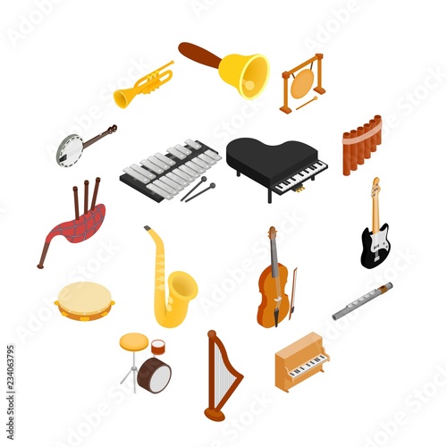 Musical Instruments set icons in isometric 3d style on a white background  