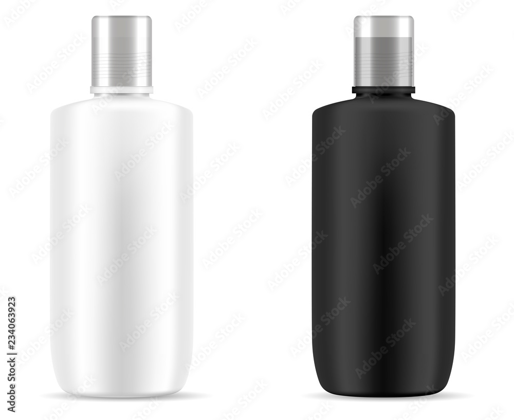 Black and white shampoo cosmetic bottles mockup. Realistic vector 3d illustration of cosmetics package with silver lid. Clear blank template for your design. Black and white shampoo cosmetic bottles mockup. Realistic vector 3d illustration of cosmetics package with silver lid. Clear blank template for your design.