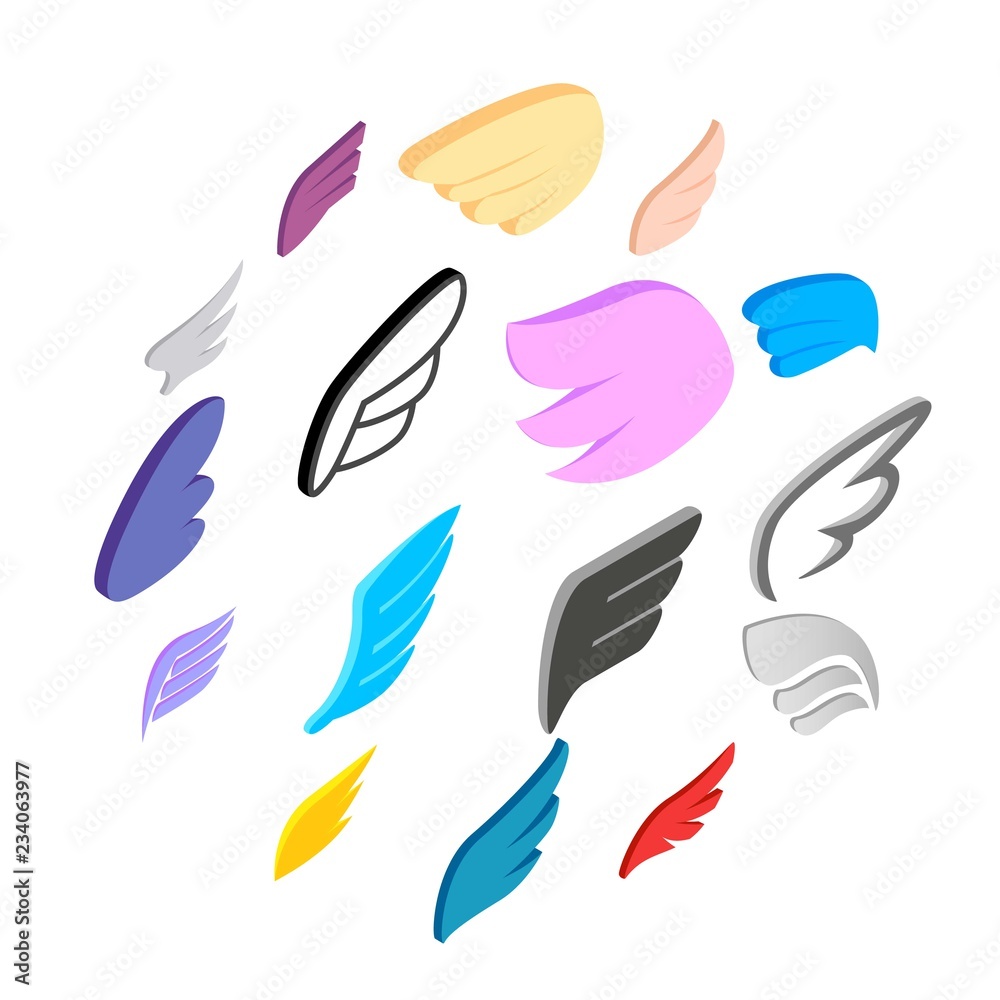 Wings icons set in isometric 3d style isolated on white Wings icons set in isometric 3d style isolated on white