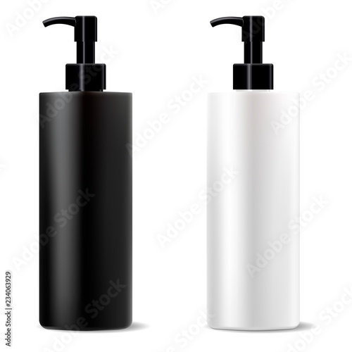 Wide white cleanser dispenser pump bottle. High quality cosmetic package design template. Vector illustration. Shampoo conditioner highlight activating cosmetics.