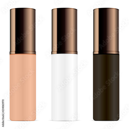 Set of cosmetic bottles for primer, base, highlighter, perfume. Round package design mockup template in black, white and brown colors. Jars with dark chocolate lids. Vector design containers.
