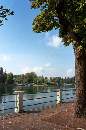 fiume ticino e marciapiede a sesto calende in italia, Ticino river and sidewalk in sesto calende in Italy