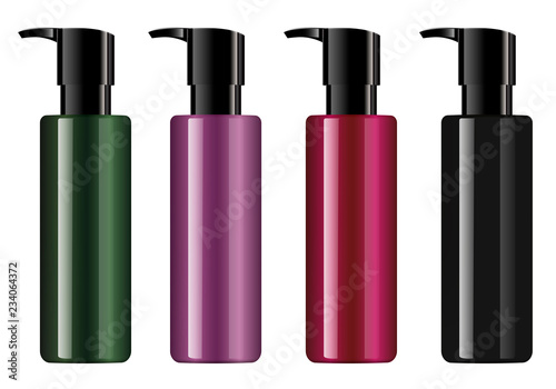 Hair conditioner dispenser pump cosmetic bottles mockup set. Different color bottles with glossy black dispensers for moisturizer,gel,mask,base,cream. Vector package design.