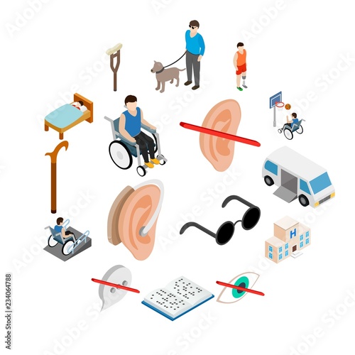 Disabled people care set in isometric 3d style isolated on white background
