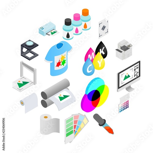 Printing icons set in isometric 3d style on a white background